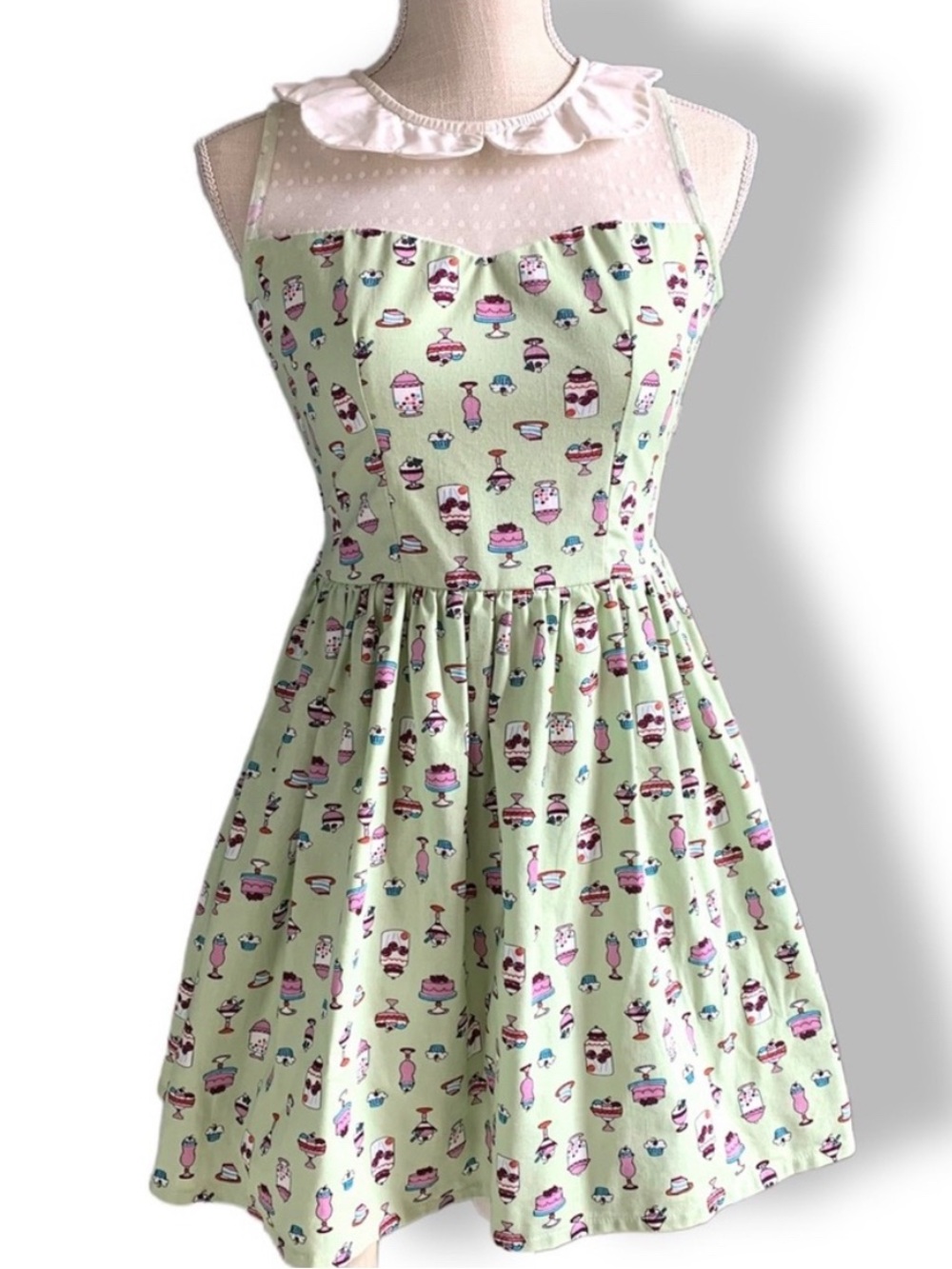 🍰 Vintage-Inspired Mint Green Dessert Print Dress | XS/S
